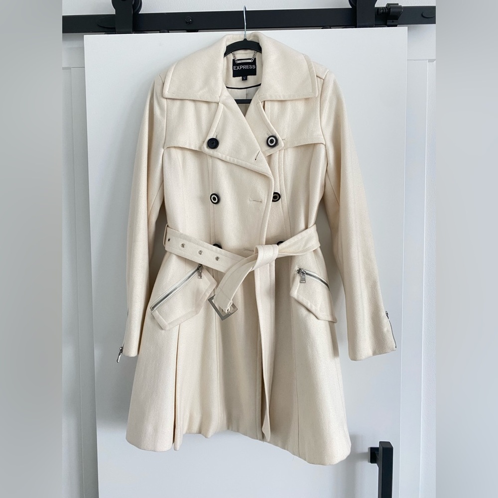 Express White Double Breasted Belted Pea Coat